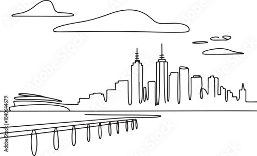 Continuous Line Art of Melbourne Skyline from St Kilda Pier Minimal Outline Illustration