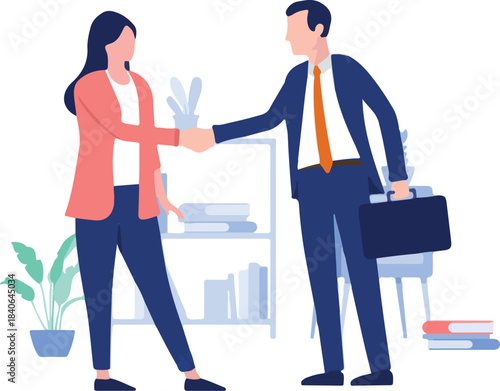 Businesswoman and businessman handshake - Man and woman shaking hands over deal and agreement in office. Flat design vector illustration with white background