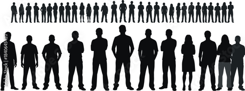 Human silhouettes, diverse people, standing figures, crowd illustration, population concept, posture variety, clothing styles, demographic graphic, diversity, social representation