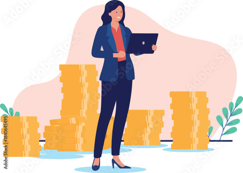 Businesswoman making money holding laptop - Woman standing in front of stack of coins with laptop, smiling and being successful. Female entrepreneur success concept in flat design vector illustration