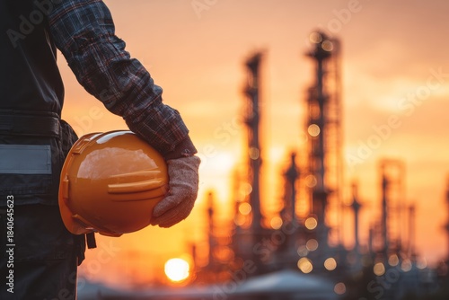Engineer Holds Helmet While Looking at Refinery During Sunset