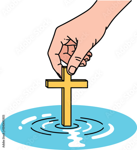 A hand dips a golden Christian cross into rippling blue water