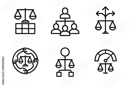 Equitable Operations Icons. Equitable Operations Structures linear set: balanced workflow tile, distributed authority icon, fair-decision arrow, shared responsibility ring,
