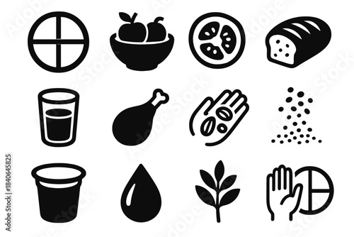 Balanced Diet Icons. Balanced Lifestyle Eating silhouette set: balanced plate icon, fruit bowl, veggie slice, whole grain loaf, water glass, protein portion, nut handful, seed