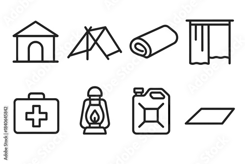 Emergency Shelter Icons. Rapid Housing Setup linear set: emergency hut, tent frame, foam sleeping pad, curtained space, aid box, utility lantern, water canister, ground cover.