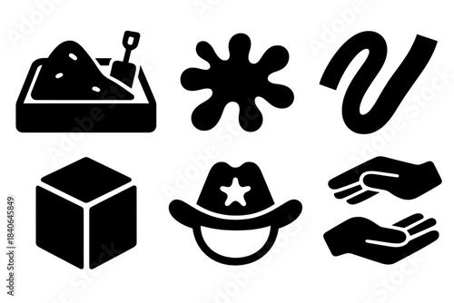 Brutalist Healing Icons. Healing Through Play silhouette set: sandbox symbol, art splash, movement ribbon, soft block, role-play hat, supportive gesture icon.