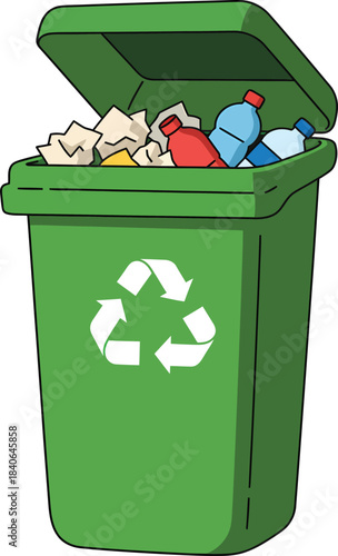 Green recycling bin filled with various waste items and recycling symbol
