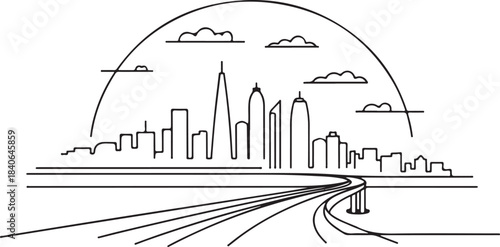Continuous Line Art of Mumbai Skyline from Marine Drive Arc Minimal Outline Illustration