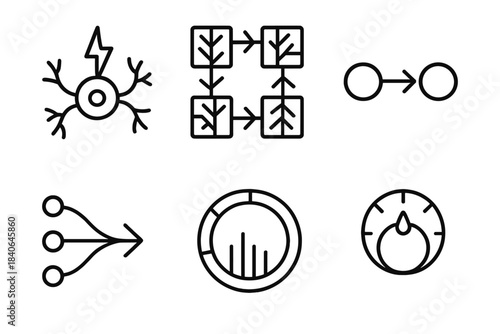Neuromorphic Icon Set. Neuromorphic Processing Set linear set: spiking neuron icon, dendritic branch tile, adaptive synapse arrow, signal integration node, firing rate ring,