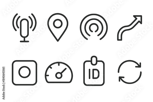 Live Monitoring Icons. Live monitoring platforms linear set: active beacon, position marker, signal ripple, path arrow, tracking tile, status gauge, device ID tag, refresh icon.