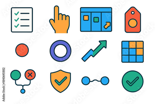 Modern Task Elements. Responsible Task Execution Elements Set flat set: checklist sheet, responsible hand, task board, priority tag, clarity dot, focus ring, progress arrow,