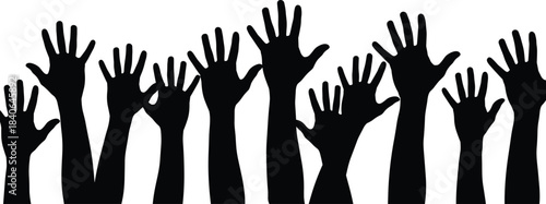 Raised hands silhouettes, participation icons, volunteer gesture, democratic action, black arms, white background, activism symbol, group unity, expressive pose, civic engagement