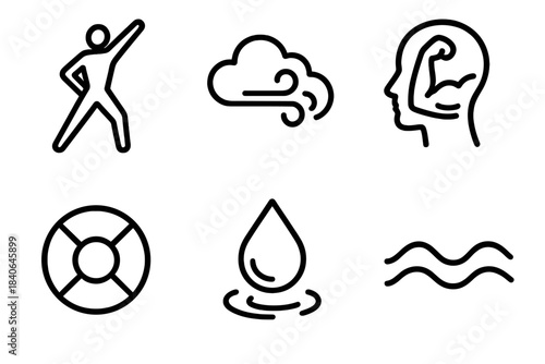 Wellness Symbol Icons. Integrated Wellness Flow linear set: stretch silhouette, guided breath cloud, muscle–mind link, core stability ring, recovery droplet, wellness wave.