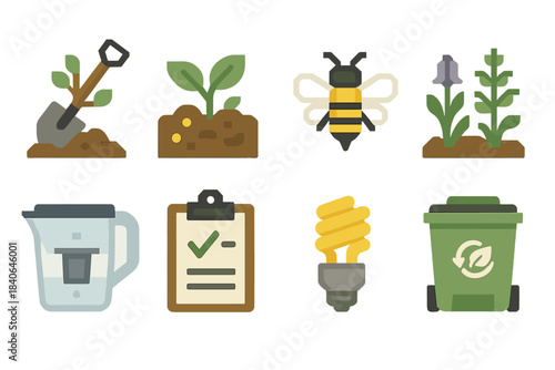 Environmental Icons Set. Environmental stewardship set of icons in flat pixel vector style: tree planting spade, soil health icon, pollinator symbol, native plant patch, water