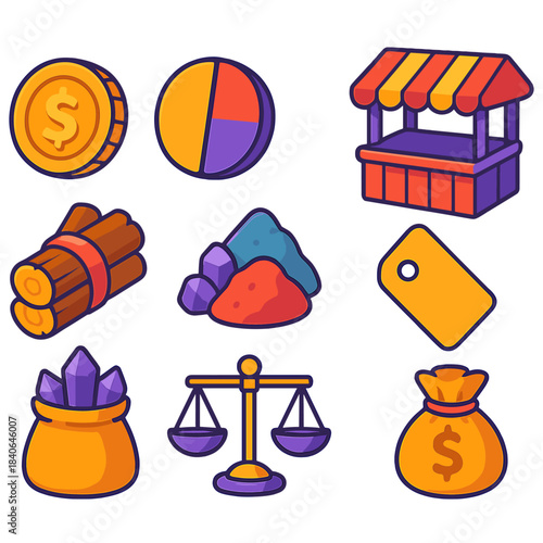 Isometric Economy Icons. In-Game Economy Elements isometric flat set: gold coin, trade token, resource bundle, market stall icon, crafting material bag, barter scale, price tag,