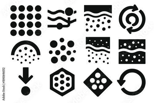 Microplastic Dynamics Icons. Microplastic Particle Dynamics silhouette set: microbead tile, water-flow node, sediment bar, turbulence ring, dispersion cue dot, aggregation patch,