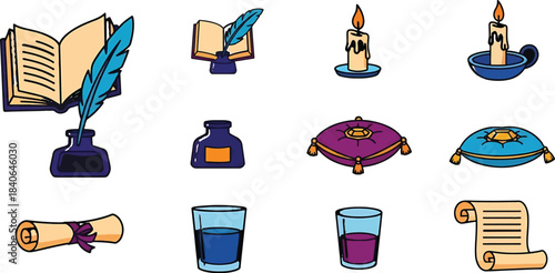 Vintage writing tools including books quills inkwells and candles illustration