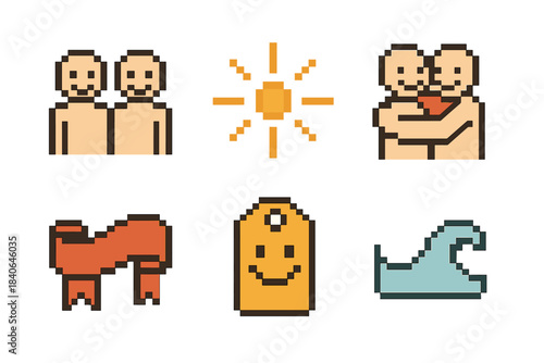 Pixel Art Joy Icons. Happiness together kit pixel style set: buddy icons, joy burst, gentle embrace symbol, cheerful ribbon, shared smile tag, uplift wave.
