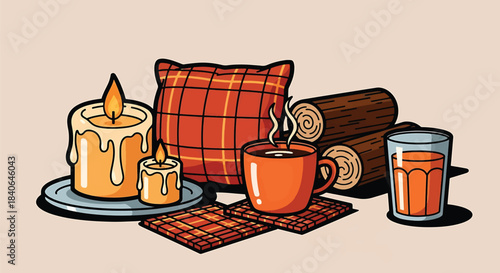 Cozy autumn still life with burning candles warm drink and plaid textiles