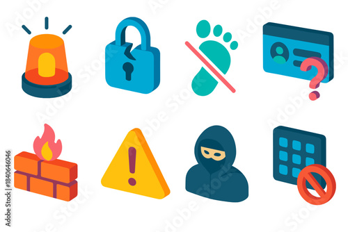Isometric Security Icons. Security breach essentials set isometric flat set: alert beacon, broken lock, intrusion trace line, suspicious login icon, firewall block, warning