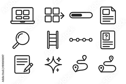 Interactive Learning Icons. Digital Learning Pathways linear set: laptop screen, module tiles, progress bar, guided arrow, lesson card, clarity lens, skill ladder, timeline dots,