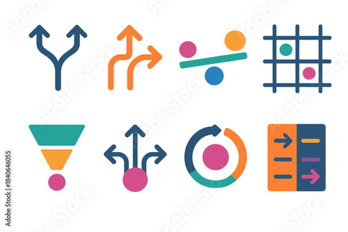 Decision Path Icons. Multi-Route Decision Models flat set: branching path icon, option-split arrow, weighted choice bar, scenario route grid, priority filter tile, outcome