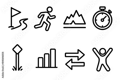 Athletic Icons Display. Nature-Based Competition Set linear set: trail checkpoint, athlete silhouette, elevation challenge line, outdoor timer, course marker pole, performance bar,