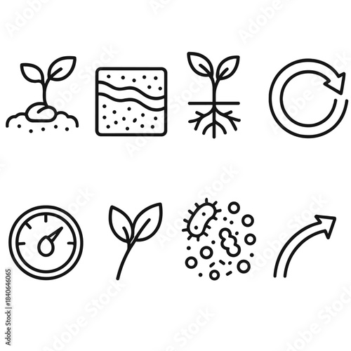 Nature's Revival Icons. Natural regeneration processes linear set: sprouting seed, soil renewal tile, root regrowth node, nutrient cycle loop, moisture gauge, leaf bud icon,
