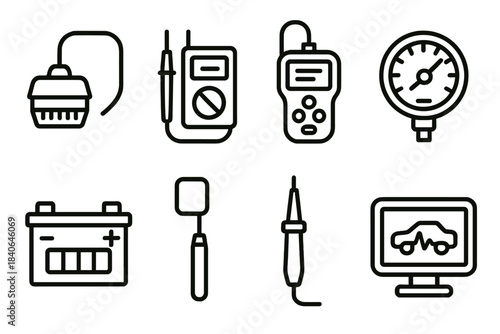 Vehicle Diagnostic Tools. Vehicle diagnostics set linear set: OBD-II tool, multimeter tile, code reader device, gauge meter, battery monitor, mirror tool, test light, diagnostic