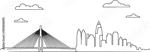 Continuous Line Art of Mumbai Skyline with Worli Sea Link Outline Minimal Illustration