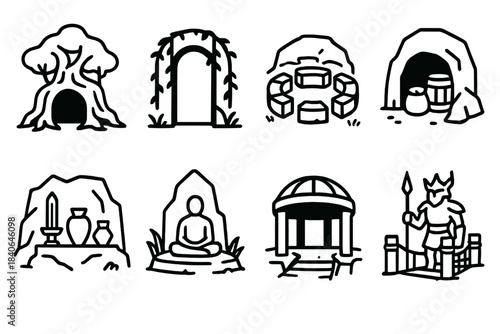 Guardian Base Icons. Guardian Base Designs linear set: forest-root chamber, vine-draped doorway, stone council circle, supply alcove, relic shelf, meditation spot, sky vent,