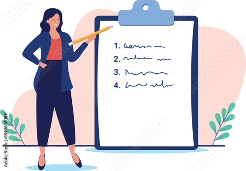  Businesswoman with clipboard - Business person standing with pencil taking notes and making list on white paper. Professional woman concept in flat design vector illustration with white background.