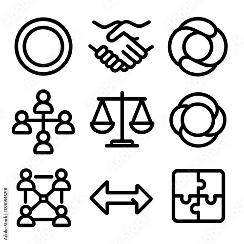 Connected Unity Icons. Shared Harmony Modes linear set: connection loop tile, intertwined hands node, balance scale bar, unity pathway ring, cooperative network icon, collaborative