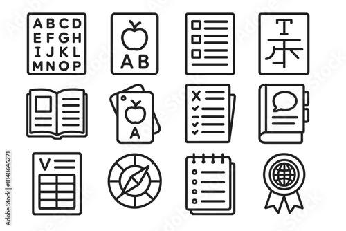 Language Learning Icons. Educational Language Resources linear set: alphabet chart, phonics card, vocabulary list, grammar sheet, reading booklet, flashcard set, practice worksheet