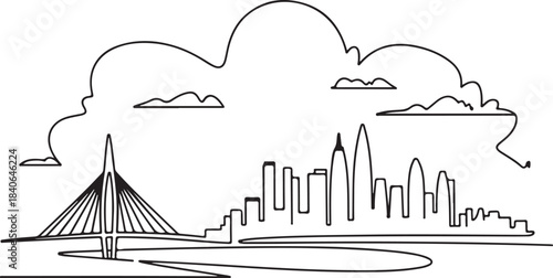 Continuous Line Art of Mumbai Skyline with Worli Sea Link Outline Minimal Illustration