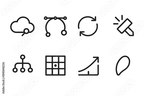 Creative Optimization Icons. Creative Optimization Icons linear set: concept cloud, structured curve, iterative loop, highlight beam, branching ideas, design grid, dynamic arc,