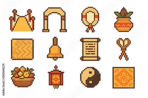 Traditional Ceremony Icons. Traditional Ceremony Elements set of icons in flat pixel vector style: procession path, decorated arch, floral garland, ceremonial pot, woven mat,