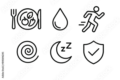 Wellness Icon Set. Wellness & Prevention Concepts linear set: healthy meal plate, hydration drop, movement icon, stress-free swirl, rest symbol, prevention shield.