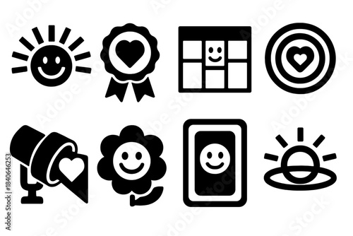 Gratitude Icon Set. Gratitude Mindset Set silhouette set: gratitude beam, recognition badge, thankful habit tracker, kindness ripple symbol, appreciation spotlight, small-wonder