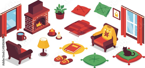 Isometric living room interior with furniture fireplace books and cozy home decor