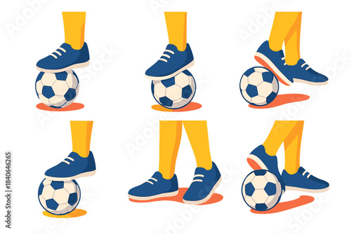 Ball Control Icons. Fundamental Ball Control isometric flat set: gentle stop, forward tap, side push, protective hold, low trap, smooth drag.