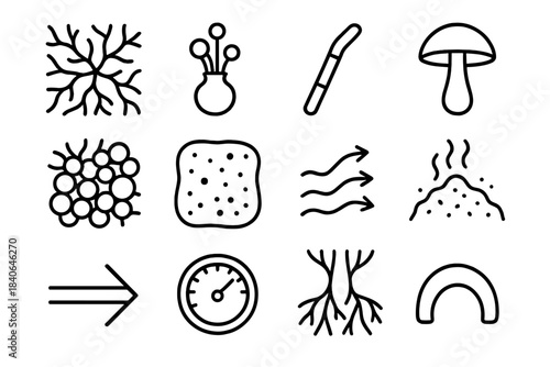 Fungal Colony Icons. Fungal Colony Structures linear set: mycelial web tile, spore pod node, hyphae thread bar, cap ring patch, nutrient uptake dot, substrate patch, moisture flow