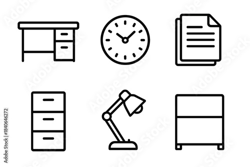 Office Icons Outline. Work Environment Set linear set: office desk, filing cabinet, clock, document stack, lamp, workspace divider.