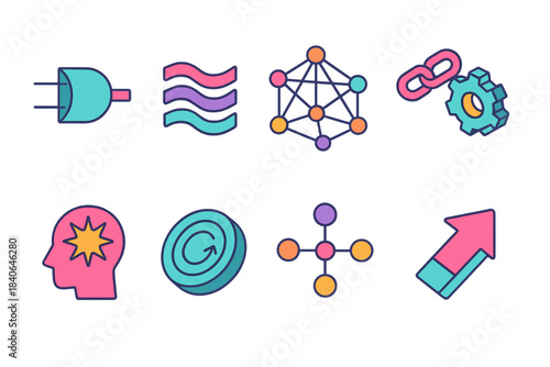 Isometric Computational Icons. Computational thinking icons isometric flat set: logic gate, data thread, concept mesh, reasoning chain, cognitive spark, recall token, analytical