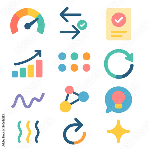 Product Fit Icons. Product-Market Fit Validation Icons flat set: fit gauge, alignment arrows, value proposition card, traction bar, adoption dots, iterative cycle, retention line,