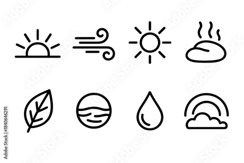 Sunrise Element Icons. Natural Warmth Set linear set: sunrise horizon, warm breeze, sunbeam lines, heated stone, glowing leaf, summer ripple, golden droplet, bright sky arc.