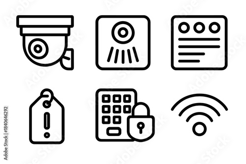 Security System Icons. Protective Monitoring Tools linear set: wall camera, heat sensor, status indicator, lock console, alert tag, scan arc.