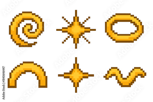 Pixel Art Icons. Wonder pixel style set: curious swirl, radiant mote, soft halo, unfolding curve, starlit point, wonder wave.