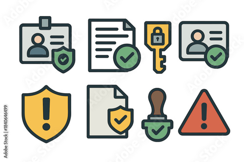 Security Icon Set. Security Protection Set set of icons in flat pixel vector style: safe login badge, verification slip, encrypted passkey, identity check card, warning shield,