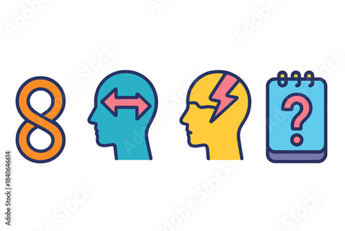 Paradox Icons in Minimalist Design. Paradoxical Thought Flows flat set: contradiction-loop ring, split-belief arc, unstable-reason pad.